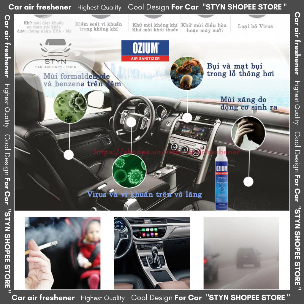 Nước hoa ô tô cao cấp dạng xịt khử mùi kháng khuẩn khử trùng không khí OZIUM USA Hương Thơm ORGANIC  - 250ml