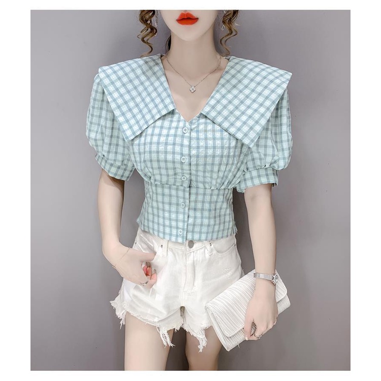 Áo sơ mi tay phồng cổ búp bê họa tiết sọc caro thời trang mùa hè dành cho bạn nữ
