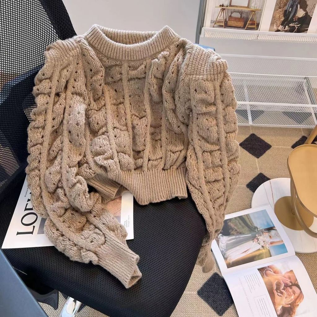 Áo Sweater Dệt Kim Mỏng Tay Phồng Dài Chiết Eo Thời Trang Mùa Thu Mới Cho Nữ