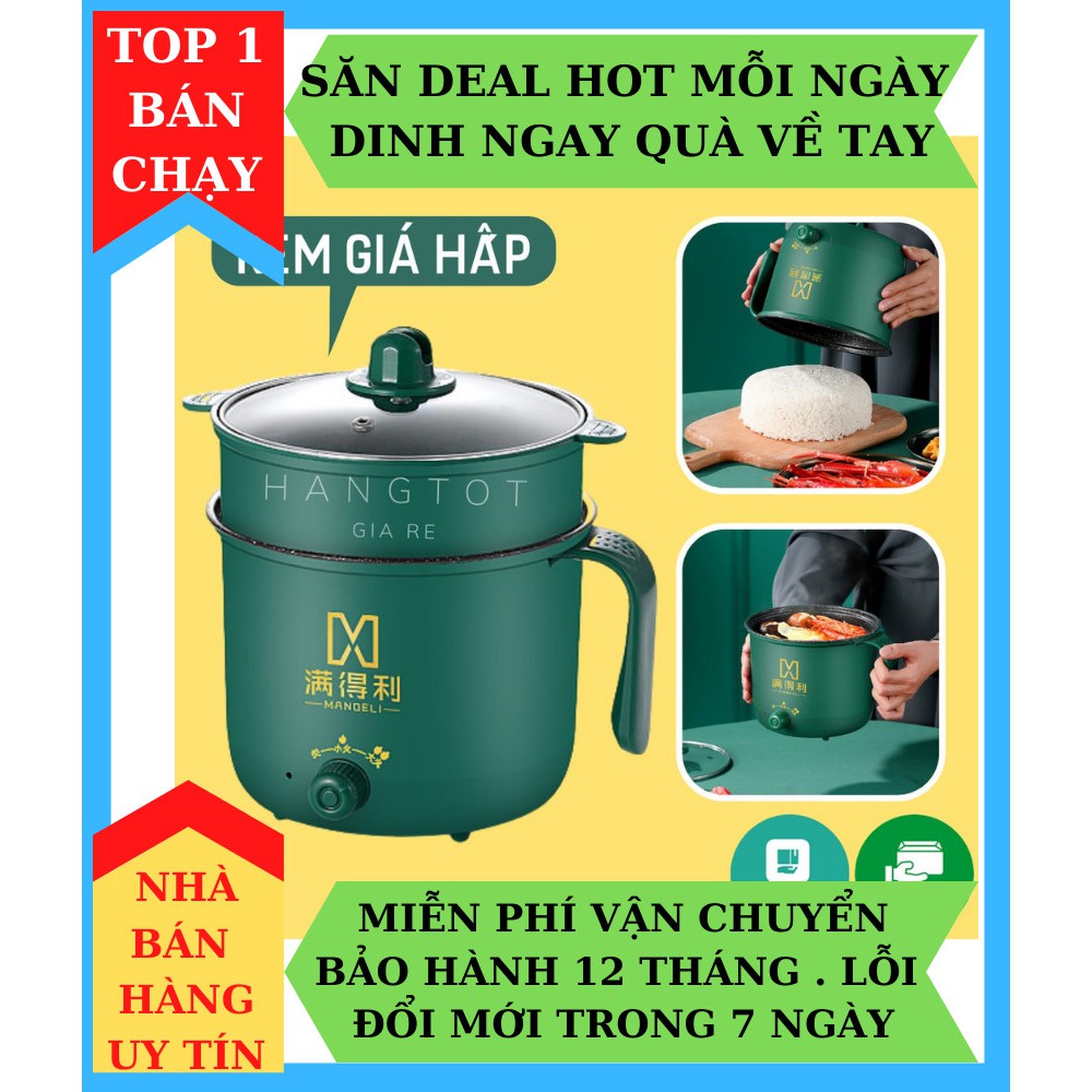 NỒI XÔNG ĐIỆN-Nồi Lẩu Điện Mini Núm Xoay 2 NẤC NHIỆT Kèm Giá Hấp1,8L,Ca Nấu Mì,Nấu Cơm Đa Năng 2 Tầng Chống Dính Cao Cấp