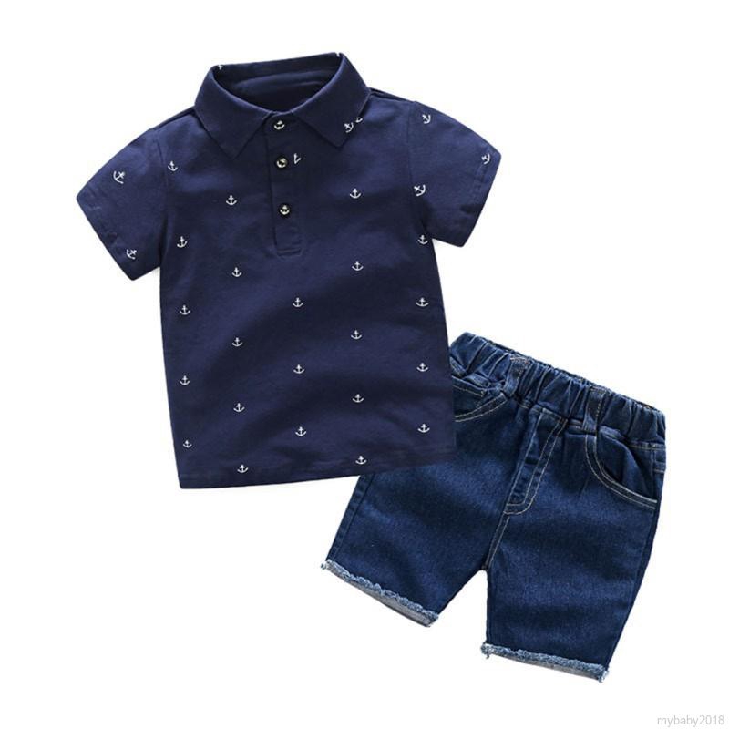 Set áo thun ngắn tay cổ tròn + Quần short jeans thời trang cho bé trai