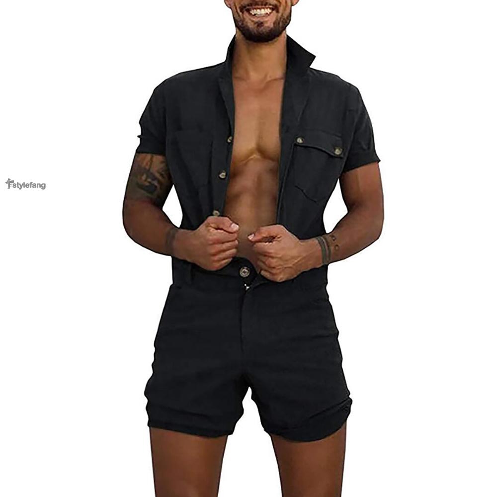 Mens One Piece Combat Shorts Workout Playsuit Lapel Buttons Pocket Cargo Summer Mens Casual Short Sleeve Rompers