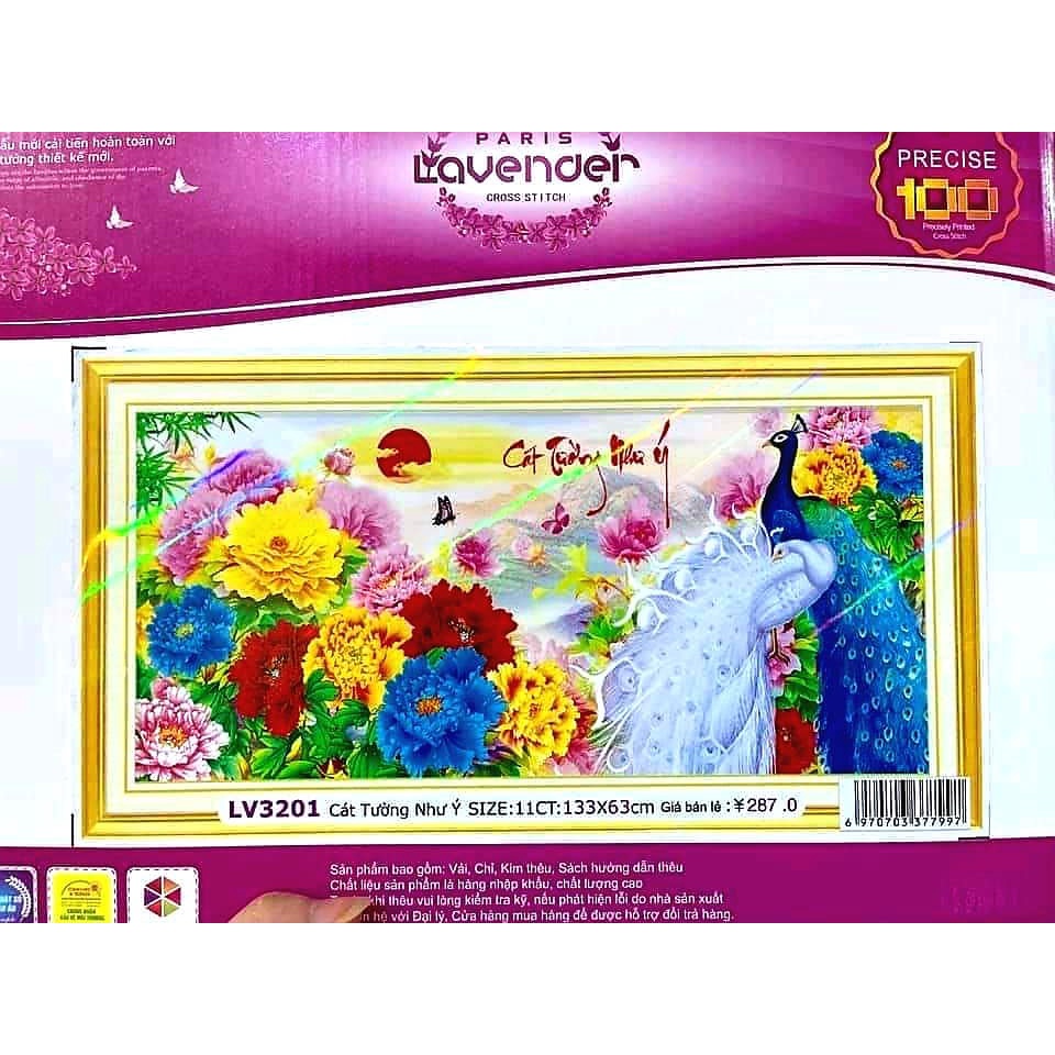 Tranh thêu chữ thập Phú quý cát tường KT:133x63cm, Tranh chưa thêu,Tặng kéo và xỏ chỉ,