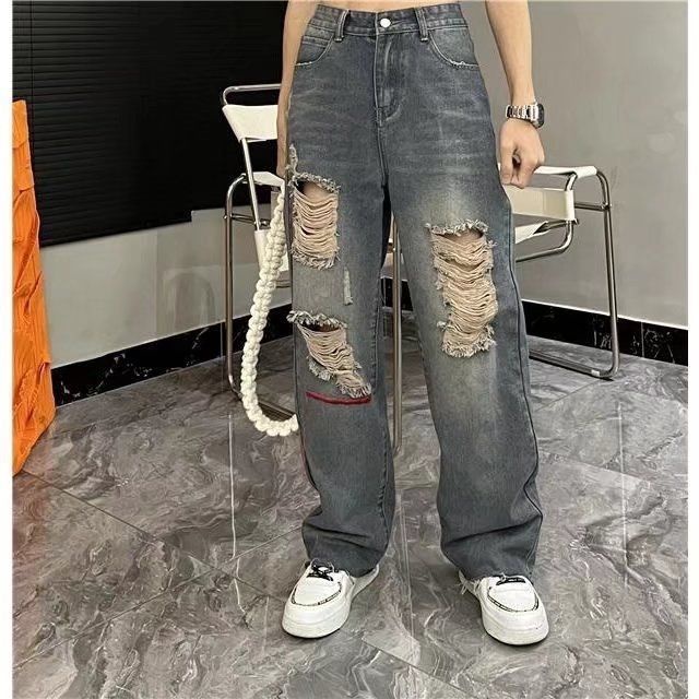 Quần Jean Ống Rộng Rách Gối Phong Cách Hàn Quốc Thời Trang Cho Cặp Đôi