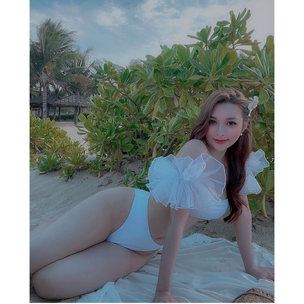 Bikini 2 mảnh áo quây tay voan kính xoè đen trắng xinh xắn R10