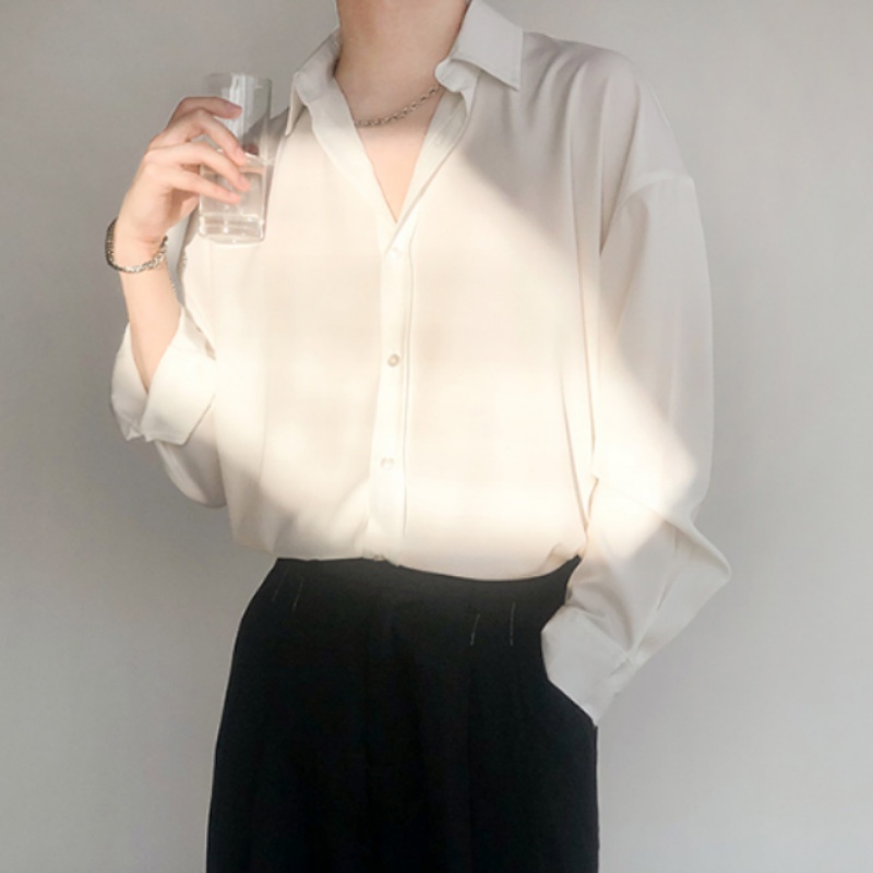 Áo sơ mi tay dài dáng rộng màu trơn phong cách Hàn Quốc thanh lịch dành cho nam nữ