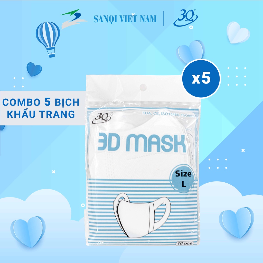 [CHÍNH HÃNG] KHẨU TRANG 3D NGƯỜI LỚN 3Q KHÁNG KHUẨN - KHẨU TRANG 3D SET 1 BỊCH 10 CÁI ( MÀU TRẮNG ) SIZE L