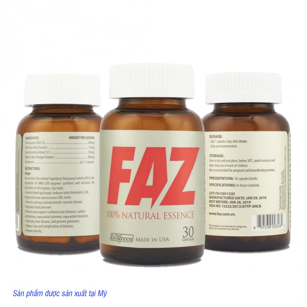 Faz – Hỗ trợ giảm cholesterol trong máu, ổn định huyết áp (lọ 30 Viên)