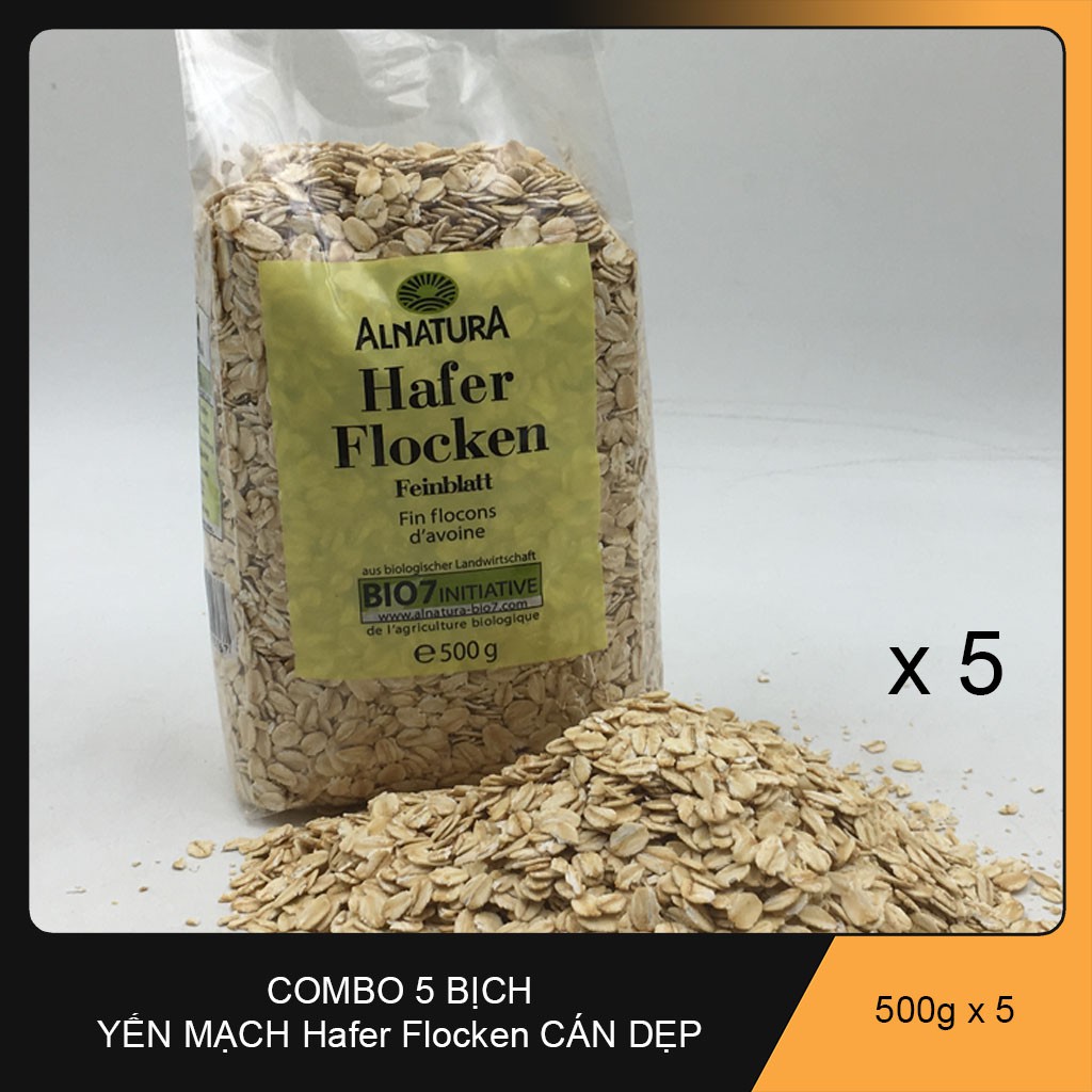 Combo 5 Yến mạch tươi nguyên chất cán dẹt Hafer Flocken 500gr của Đức
