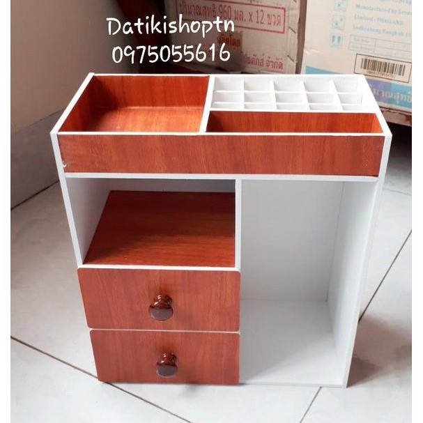 Tủ mini đựng mỹ phẩm màu gỗ núm gỗ đậm