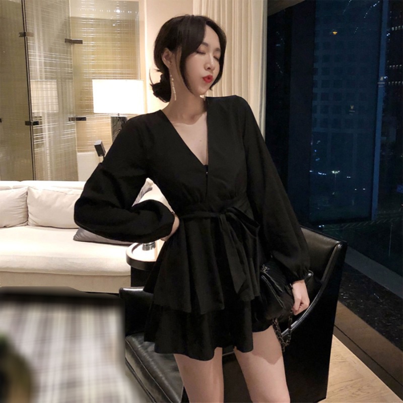 Brroa Đầm Chữ A Tay Dài Phồng Cổ Chữ V Thắt Nơ Eo Cao Viền Bèo Xinh Xắn Cho Nữ
