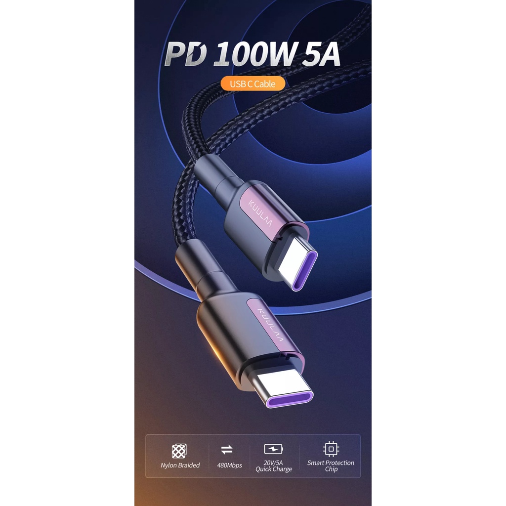 Cáp Sạc Nhanh dây dù KUULAA Đầu Type-C sang Type-C (PD 100W)