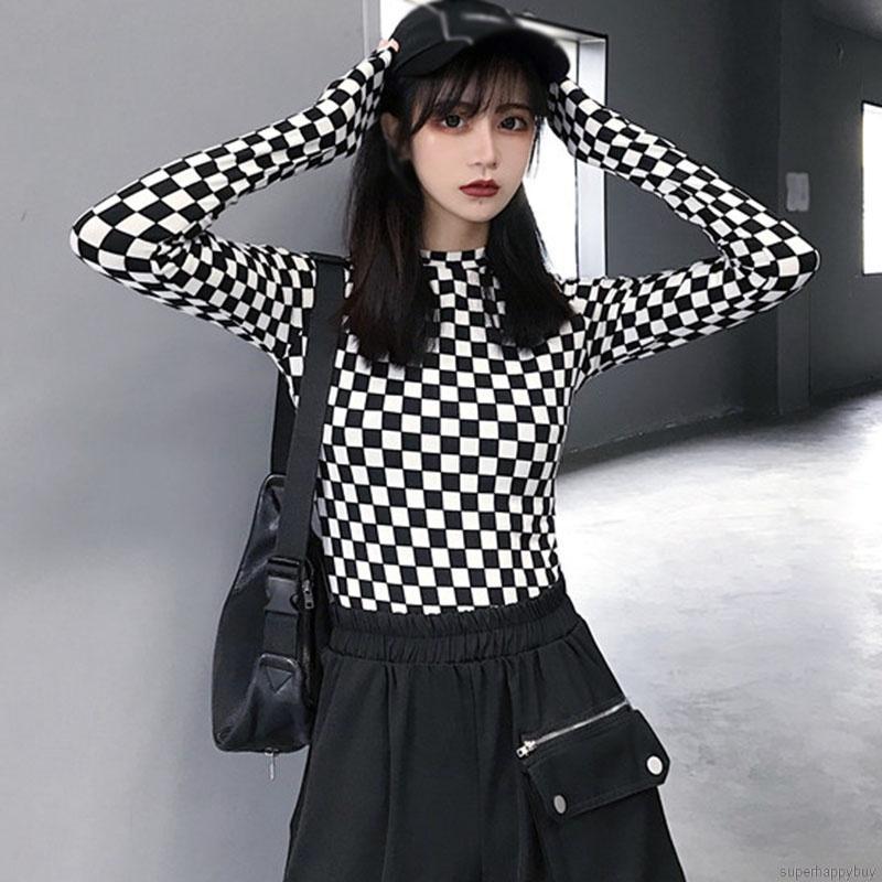 Áo thun tay dài in caro thời trang cá tính cho nữ