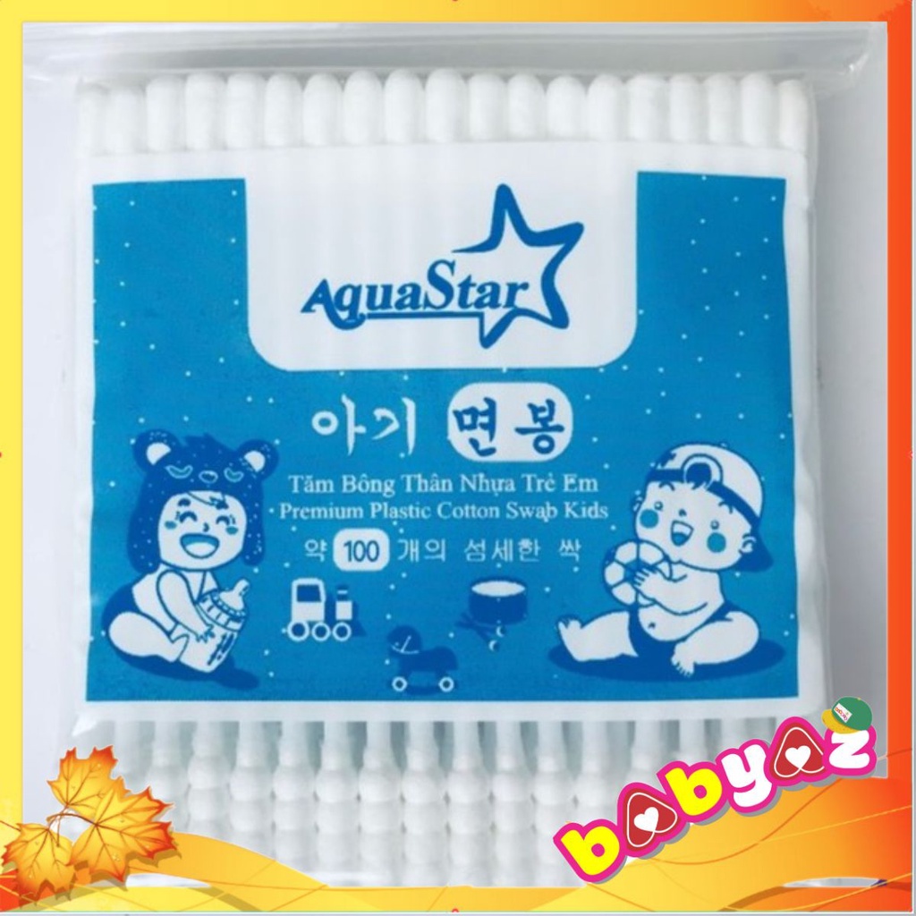 Tăm Bông Trẻ Em Kháng Khuẩn Cao Cấp Bịch 100 Que Nhựa 2 Đầu Tròn Xoắn Aquastar- Công Nghệ Korea