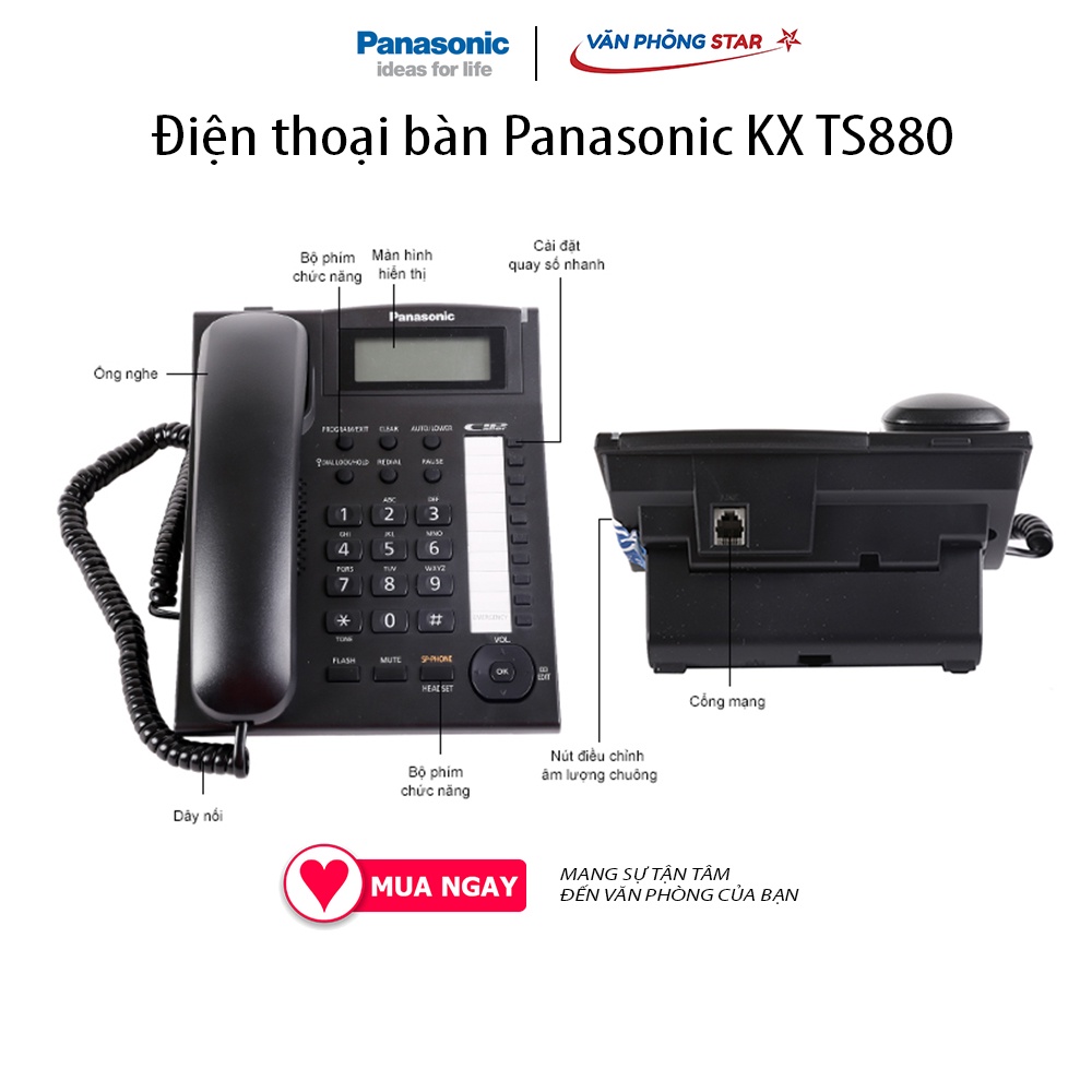 Điện thoại bàn Panasonic KX TS880. Màn hình LCD hiển thị só gọi đến. Danh bạ 50 số. Gọi nhanh bằng 1 phím bấm: 20 số