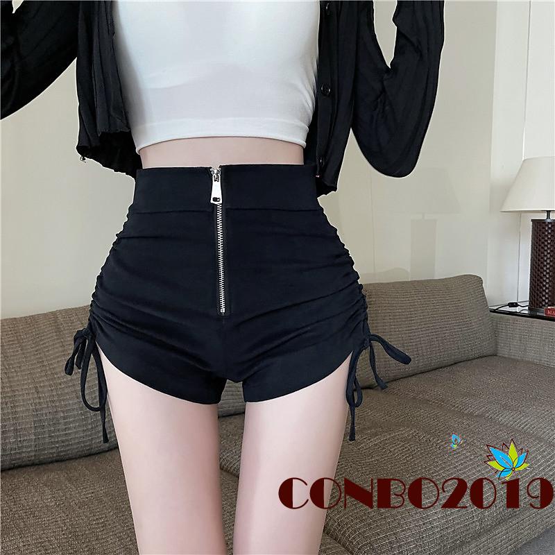 Hgm-quần Short Dây Rút Màu Trơn Lưng Cao Khóa Kéo Bên Hông Đơn Giản Dành Cho Nữ