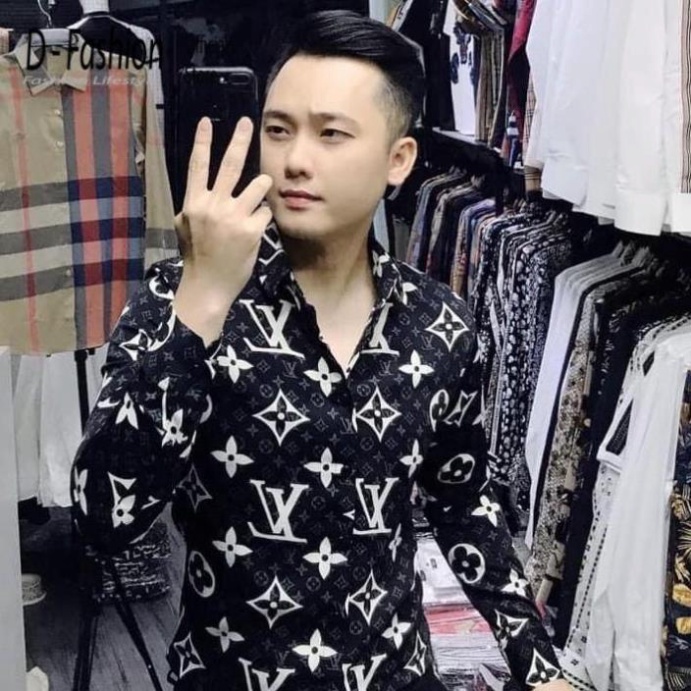 Áo sơ mi Nam Nữ -dáng cpnpg sở chất mát- ĐỦ SIZE 40-75 KG - Áo sơ mi dài tay họa tiết hoa đen LV thời trang giá rẻ DILO