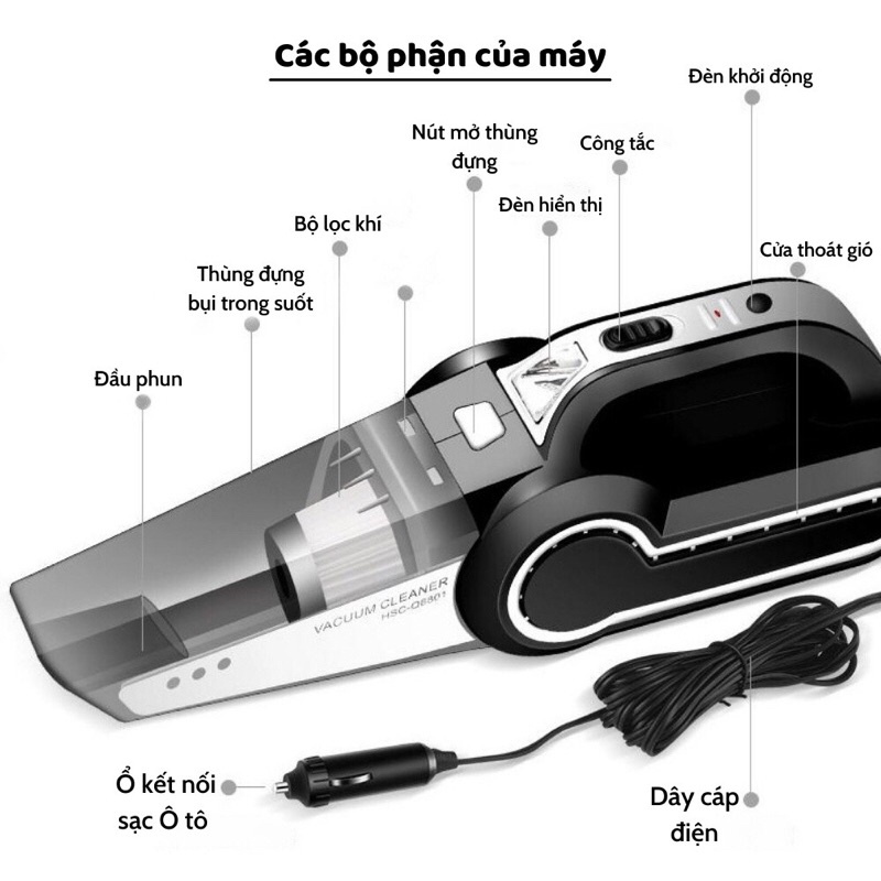 Máy Hút Bụi Ô Tô - Máy Bơm Lốp Ô Tô, Xe Máy Đa Năng 4 Trong 1 - Hút bụi, Bơm lốp, Đo Áp Suất, Chiếu Sáng