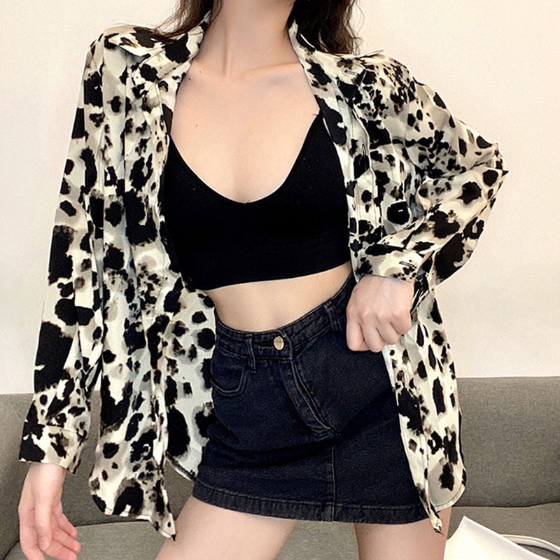 Áo Sơ Mi Tay Dài Dáng Rộng In Họa Tiết Da Báo Thời Trang Thu Đông Cho Nữ