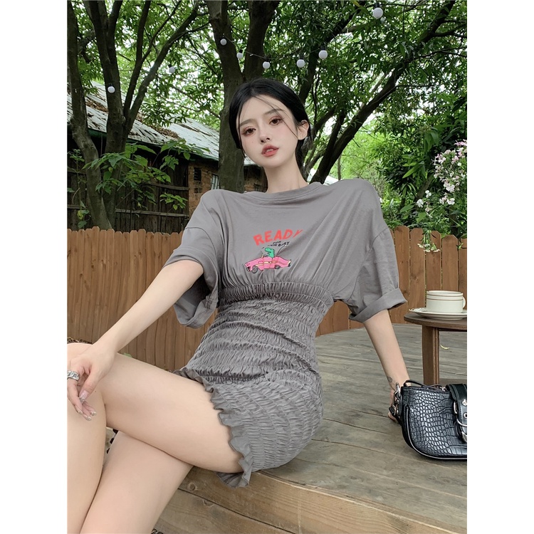 Đầm Tay Ngắn Cổ Tròn Dáng Ôm In Họa Tiết Hoạt Hình Phong Cách Hàn Quốc Thời Trang Mùa Hè Xinh Xắn Cho Nữ