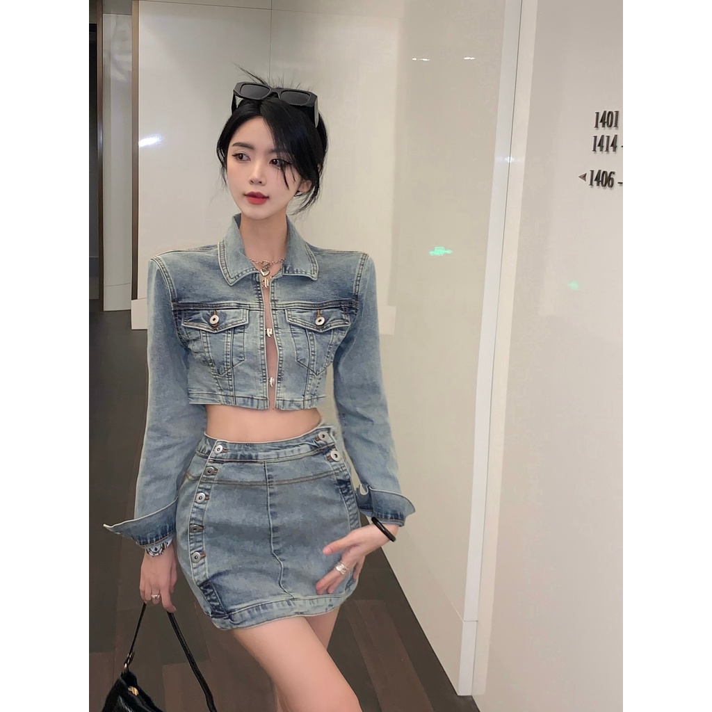 Set Áo Khoác Denim Tay Dài + Chân Váy Denim Eo Cao Phong Cách Hàn Quốc Mới Cho Nữ