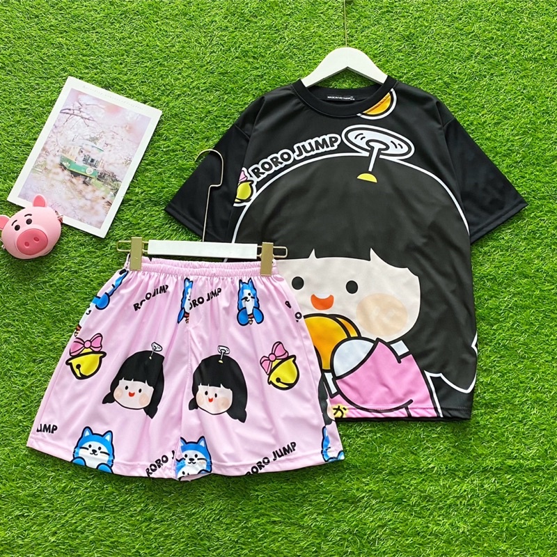 Đồ bộ ngủ nam nữ mặc nhà chất thun co giãn thoải mái form set áo tay lửng in hình dễ thương