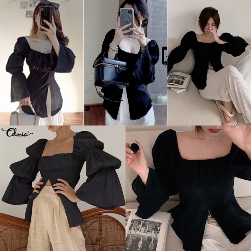 ÁO KIỂU TAY DÀI ORI TOP với chất liệu vải đũi thiết kế sang chảnh búp tay áo phồng xoè