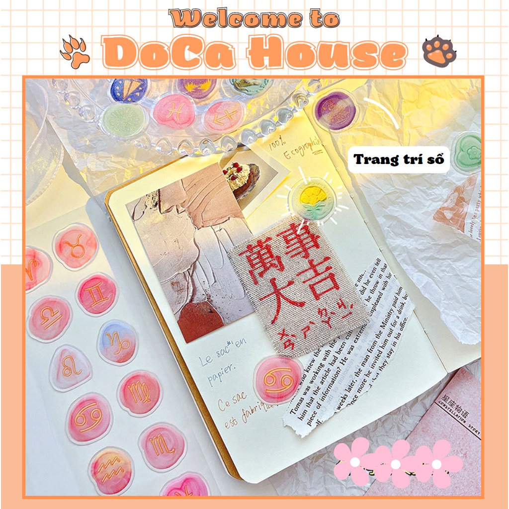 Set 12 Sticker Dấu Ấn, Miếng Dán Sáp Niêm Phong Tráng Nhũ Lấp Lánh Trang Trí Sổ Tay DIY