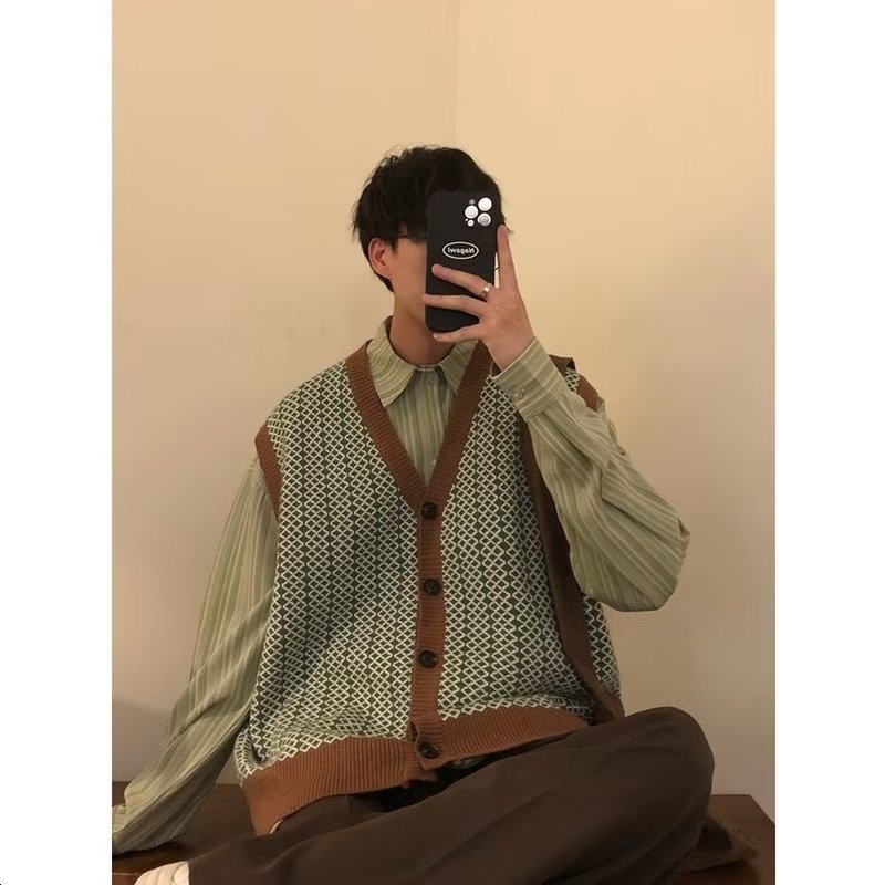 Áo Khoác Cardigan Nam Dệt Kim Cổ Chữ V Dáng Rộng Phong Cách Hàn Quốc Cho Giới Áo Ghi Lê Nữ Áo Len Không Tay Cổ Chữ V Cardigan Caro