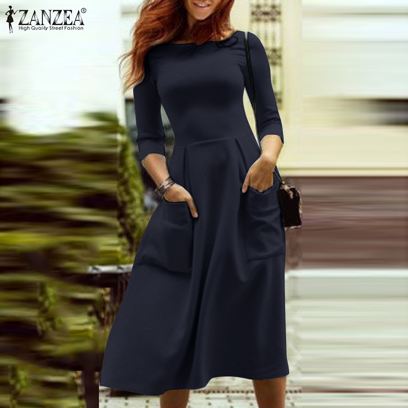 Đầm dài ZANZEA tay 3/4 thời trang tùy chọn màu sắc dành cho nữ