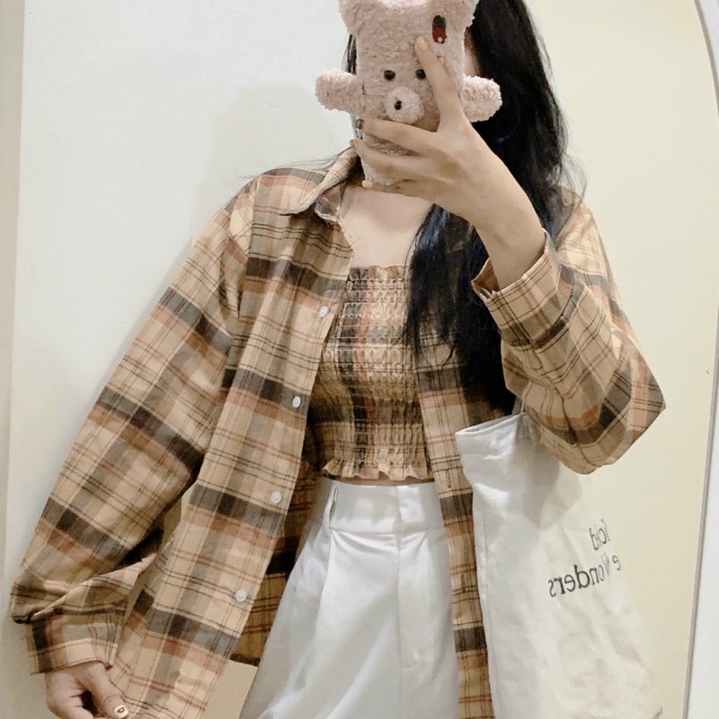 Áo Khoác Sơ Mi Caro và Áo Croptop Lót Trong, Chống Nắng Dài Tay Nhiều Màu Unisex Nam, Nữ-ASOMICROPTOP