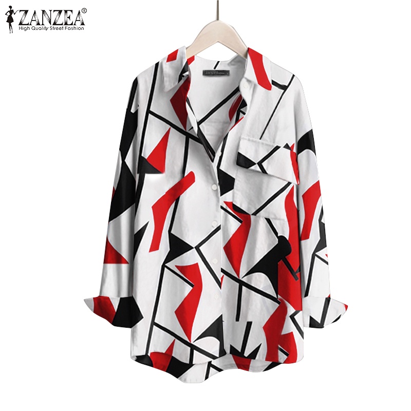 Áo sơ mi Zanzea tay dài có túi họa tiết hình học dành cho nữ