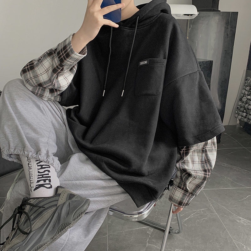 Áo Hoodie Giả Hai Lớp Họa Tiết Sọc Caro Phong Cách Nhật Bản Thời Trang Cho Nam