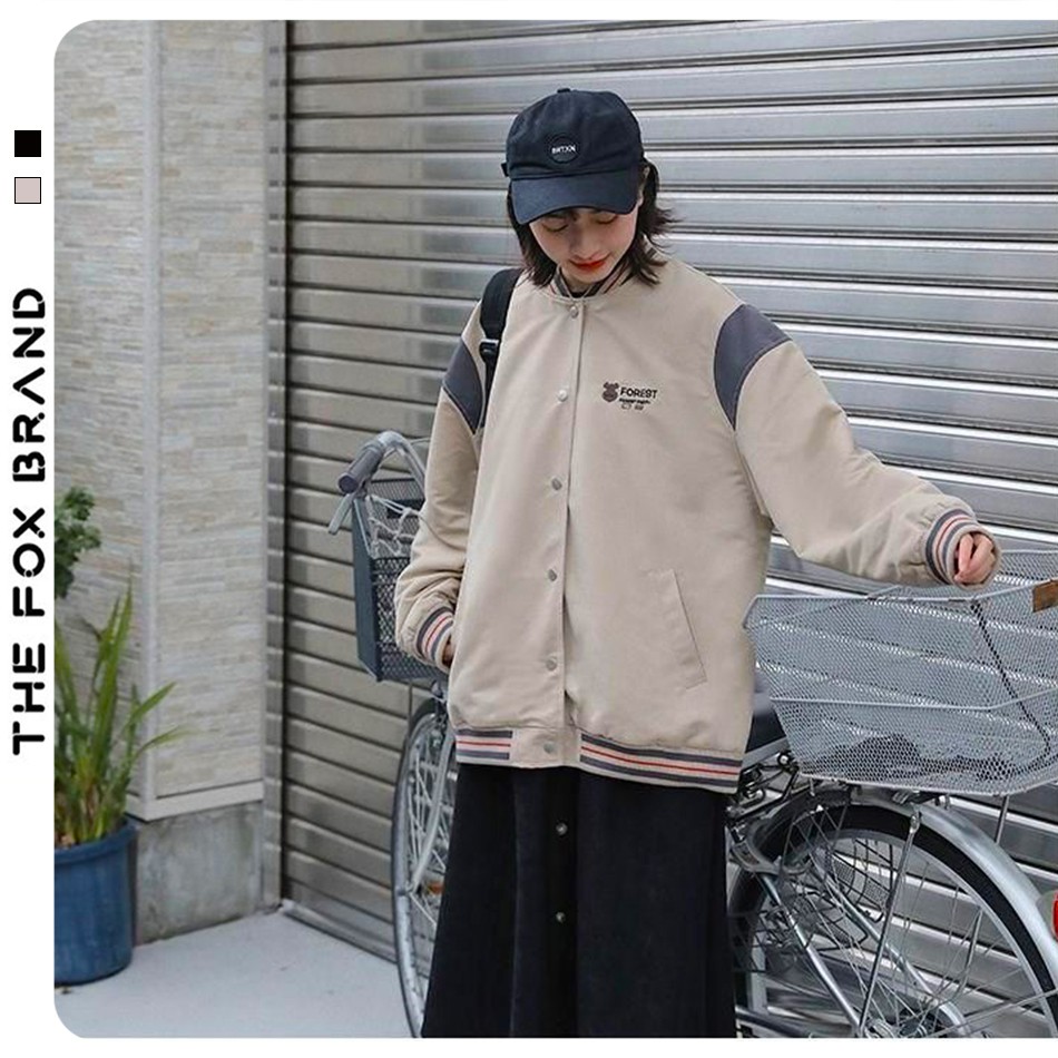 Áo khoác BOMBER nam nữ bóng chày vải dù 2 lớp họa tiết gấu dễ thương