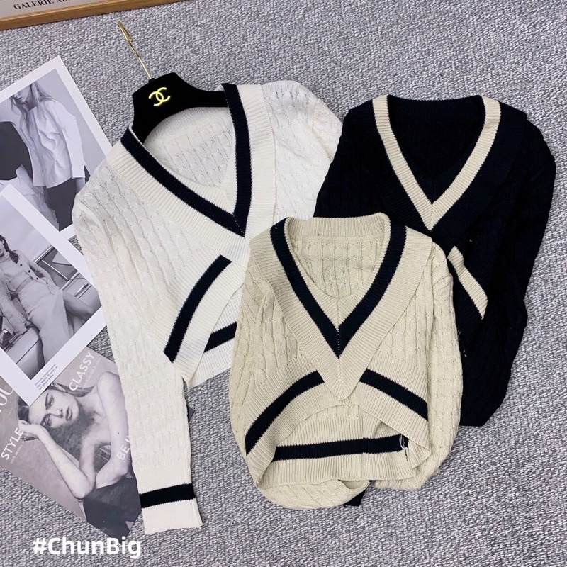 Áo len thừng cổ tim dài tay, dáng len croptop chạy viền