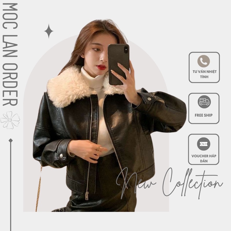 (MộcLan ORDER) áo da sần mềm có cổ lông tách rời/ áo khoác mùa đông cổ lông