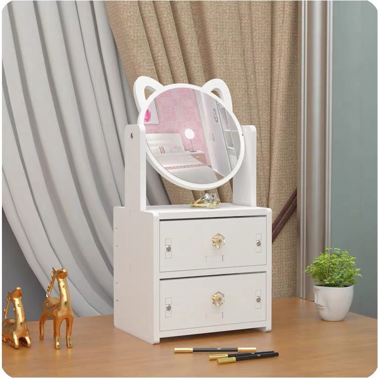 Kệ Tủ Đựng Mỹ PhẩM Mini 2 tầng /Kệ Để Đồ Trang Điểm, Đồ Cá Nhân, Có Kèm Gương Tai Mèo Dễ Thương