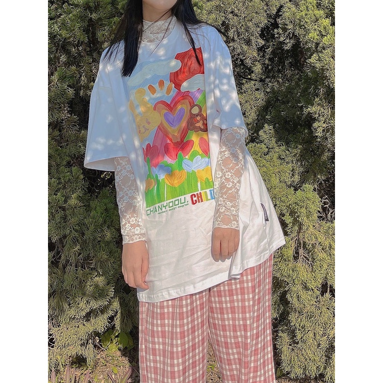 Áo Thun Cotton Tay Ngắn Dáng Rộng In Họa Tiết Tranh Sơn Dầu Kiểu Retro Hàn Quốc Thời Trang Xuân Hè Cho Nữ