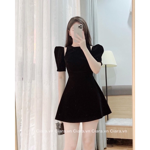 (Có Sẵn)Váy Nhung Cứng Tay Bồng Khoét Vai Sang Chảnh (Hình Thật) Đầm Nhung Tiểu Thư Đỏ Đen