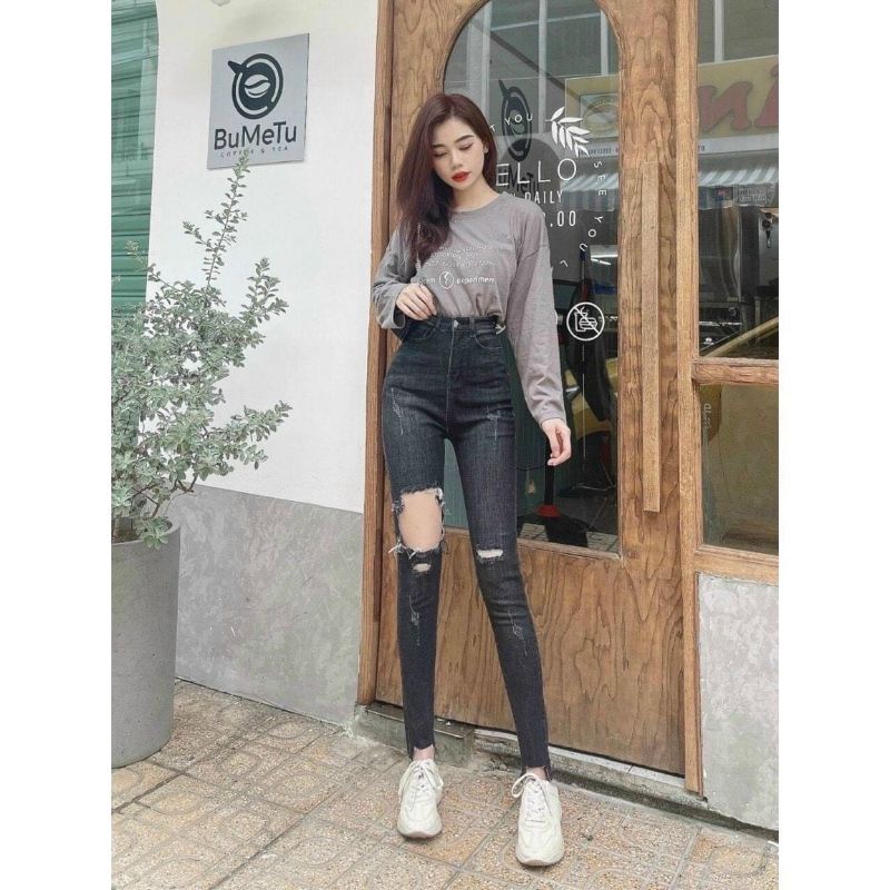 Quần Jean Ôm Cạp Cao Rách Gối Màu Xanh , Khói Siêu Đẹp.