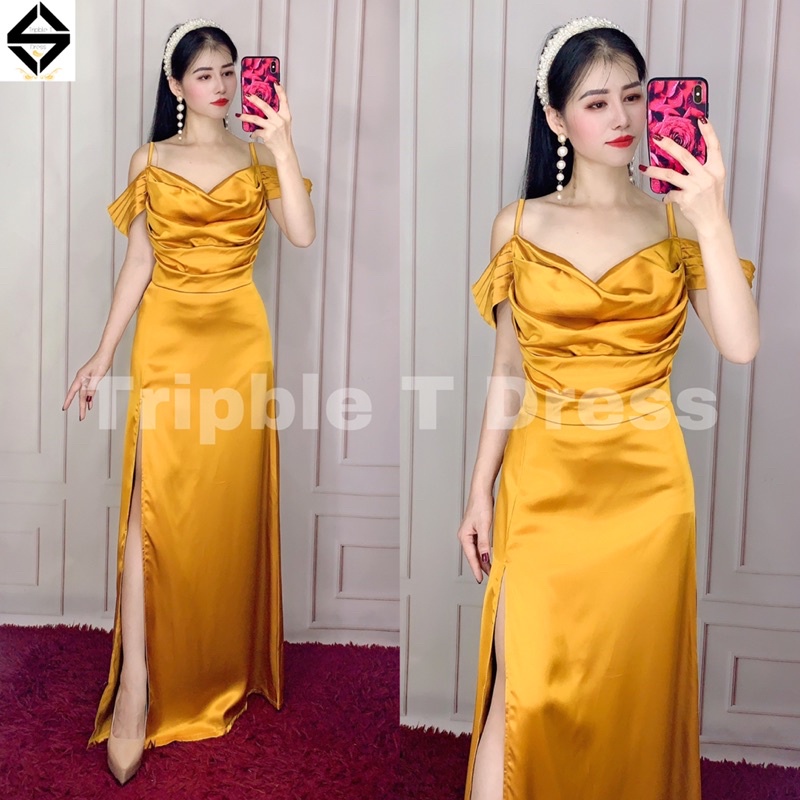 Đầm maxi body dự tiệc rớt vai xẻ đùi eo sang trọng TRIPBLE T DRESS - Size S/M/L - MS134Y