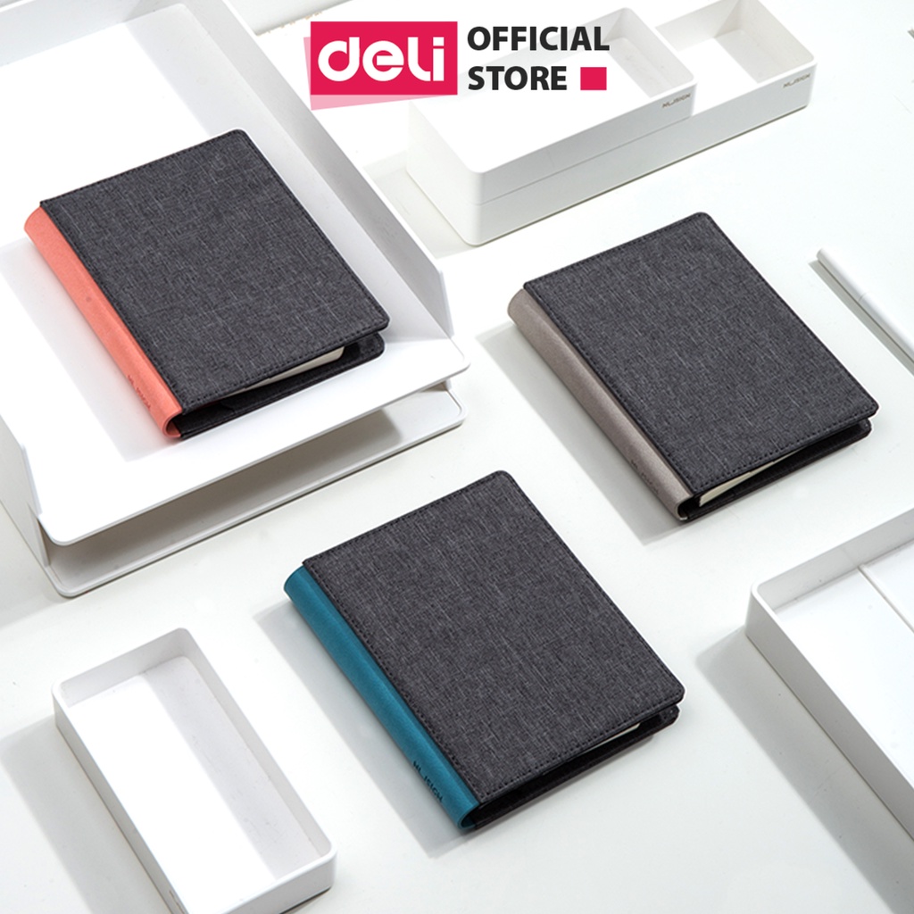 [LIFEMC02BPABAU -10% đơn 250K] Sổ tay cao cấp bọc vải, gáy da 160 trang Deli - tích hợp ví - Xanh dương/Hồng/Xám - NS245