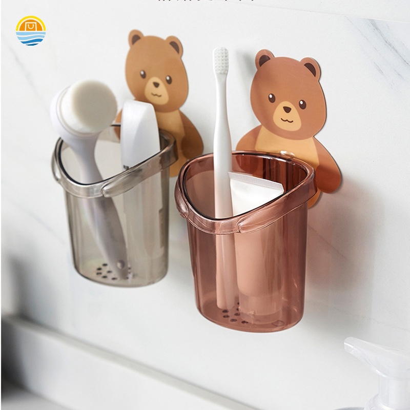 Cốc đựng bàn chải đánh răng gắn tường thiết kế hình gấu nâu dễ thương tiện dụng