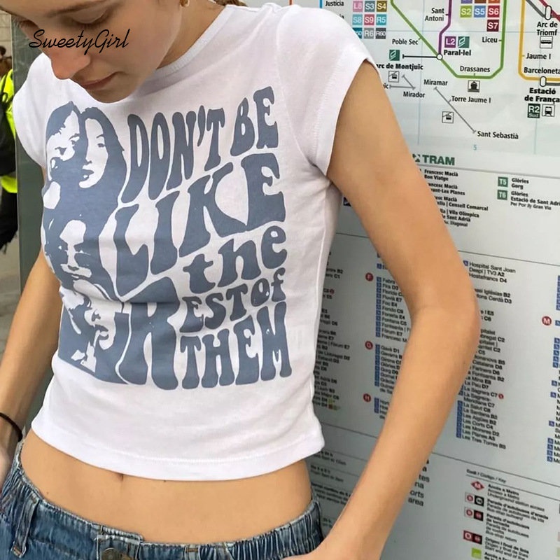 Áo Thun Croptop Tay Ngắn Cổ Tròn In Chữ Màu Xanh Dương Thời Trang 2022 Quyến Rũ Cho Nữ