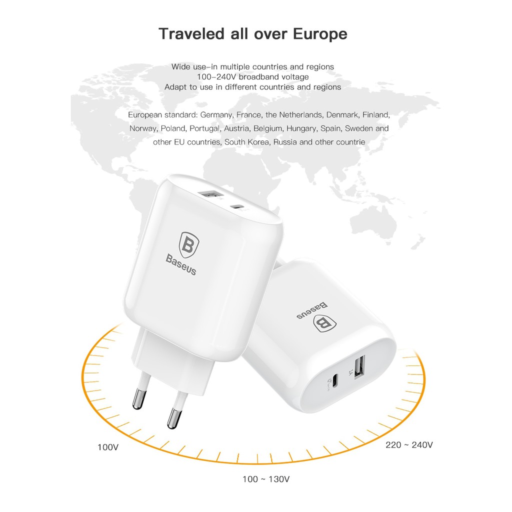 Cốc sạc nhanh Baseus công suất 32W cổng TypeC và PD Sạc Nhanh USB Charger Đối Với iPhone X 8 kèm cáp Type C Cáp Sạc Nhan