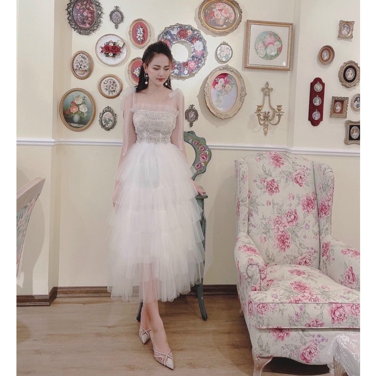 ĐẦM DỰ TIỆC HAI DÂY TẦNG ĐÍNH Đ Á