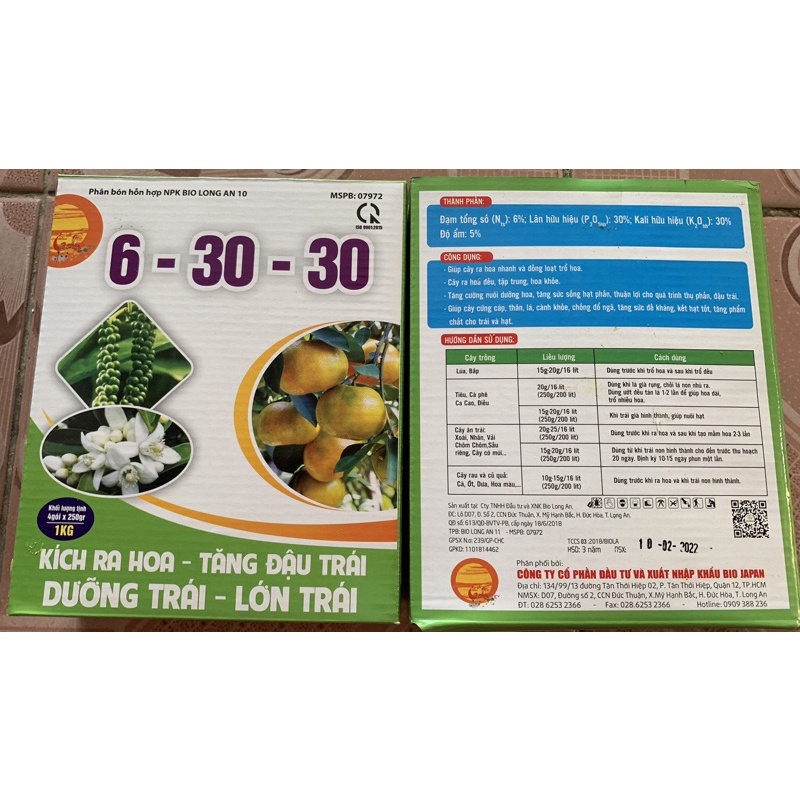 Phân bón hỗn hợp 6-30-30 hộp 1kg thương hiệu quả cầu lửa