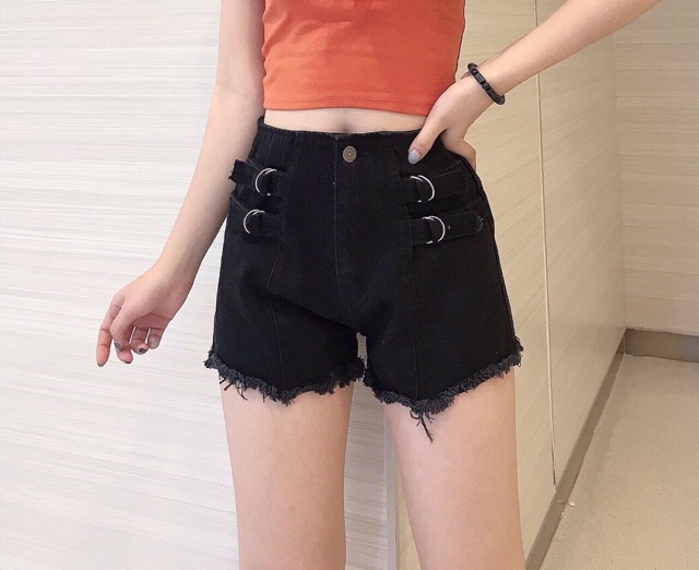 Quần Short Jean Lưng Cao Phối Khoen (100% ảnh thật)