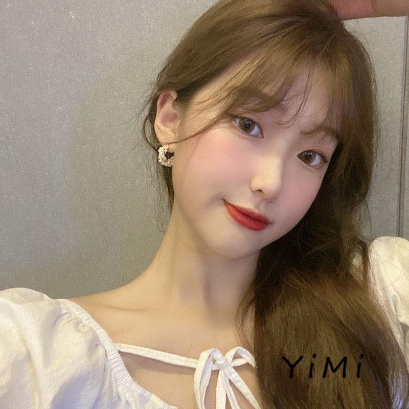 [mo] Bông Tai Ngọc Trai Xoắn Hình Chữ C Đơn Giản Cá Tính