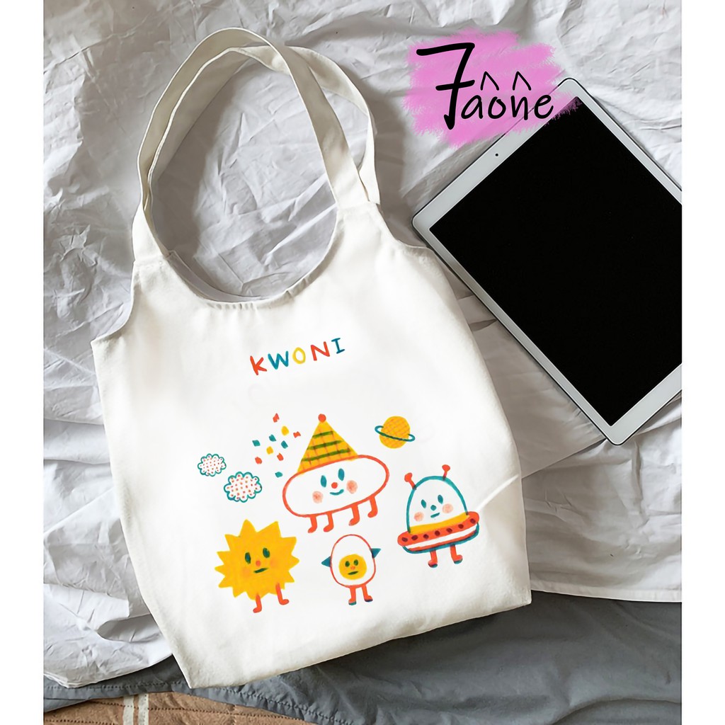 Túi Vải Quai Tròn Sắc Màu Cute Có Túi Con Tote Vải Canvas